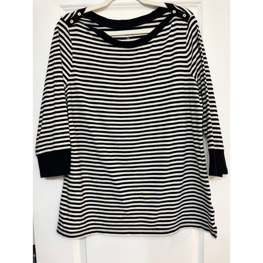 White Stag Women XXL Black White Striped Boat Neck 3/4 Sleeve Button Top Preppy